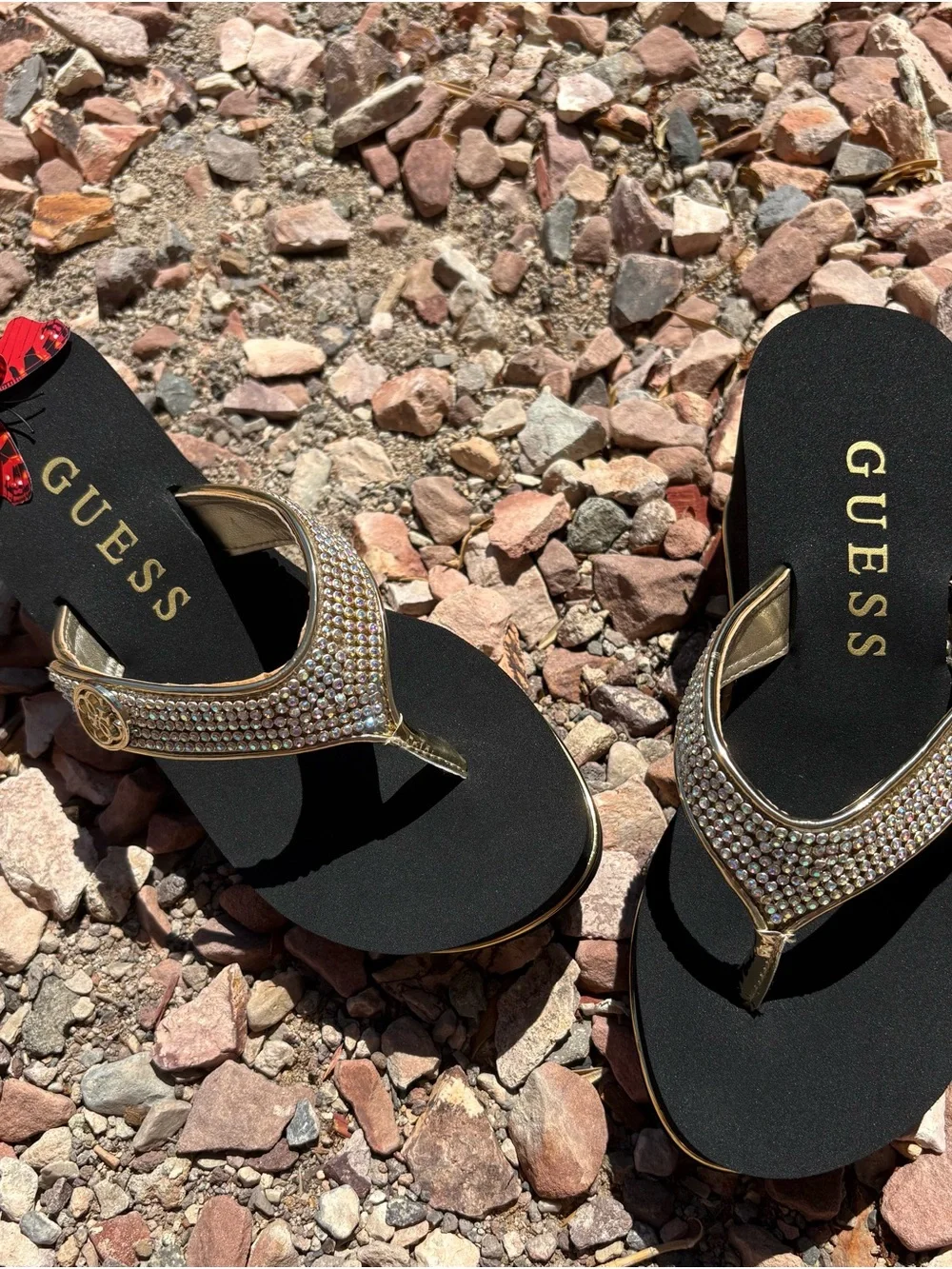 GUESS Sarraly 4 Gold Rhinestone Wedge Sandals Size 8 NIB W Crystal Accents